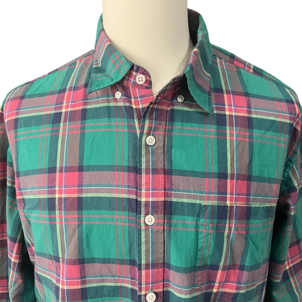 J. Crew Mens 100% Cotton Green Pink Plaid Button Down Shirt Sz XL Preppy Classic